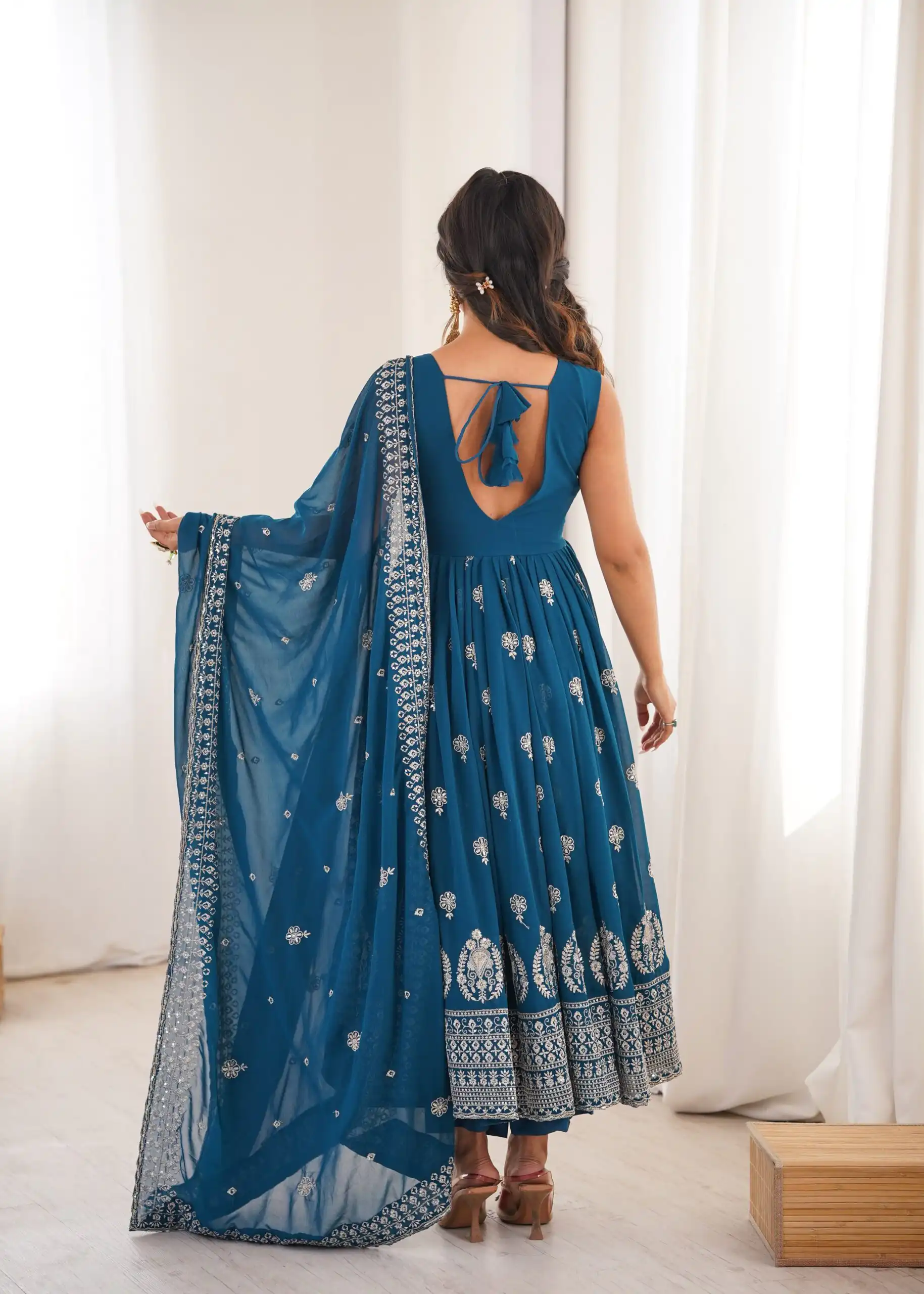 Shiny Teal Faux Georgette Sequence Work Anarkali Suit - Image 7