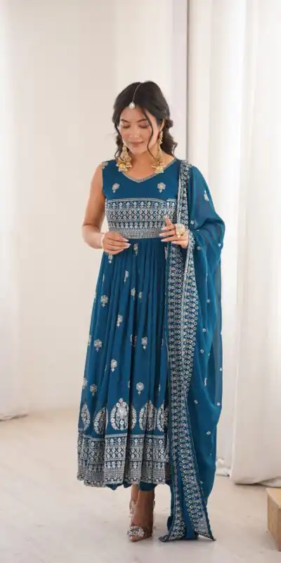 Shiny Teal Faux Georgette Sequence Work Anarkali Suit