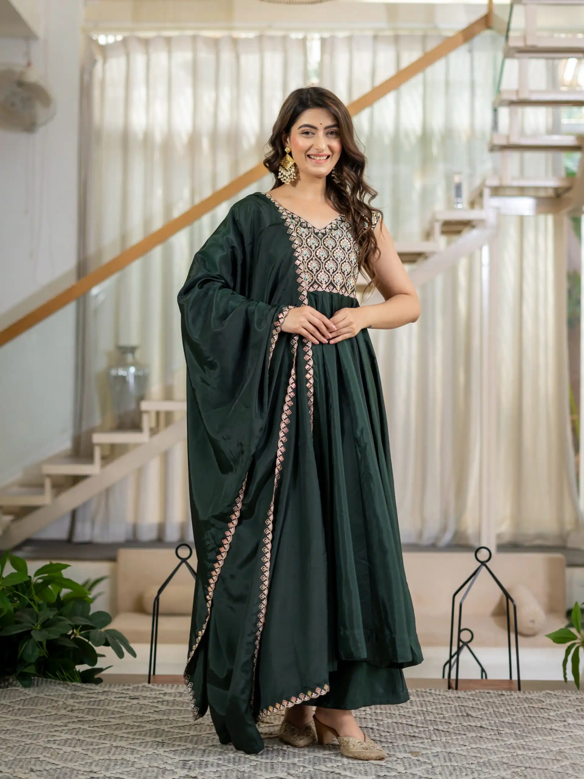 Shiny Teal Neutral Crepe Silk Embroider Work Salwar Suit