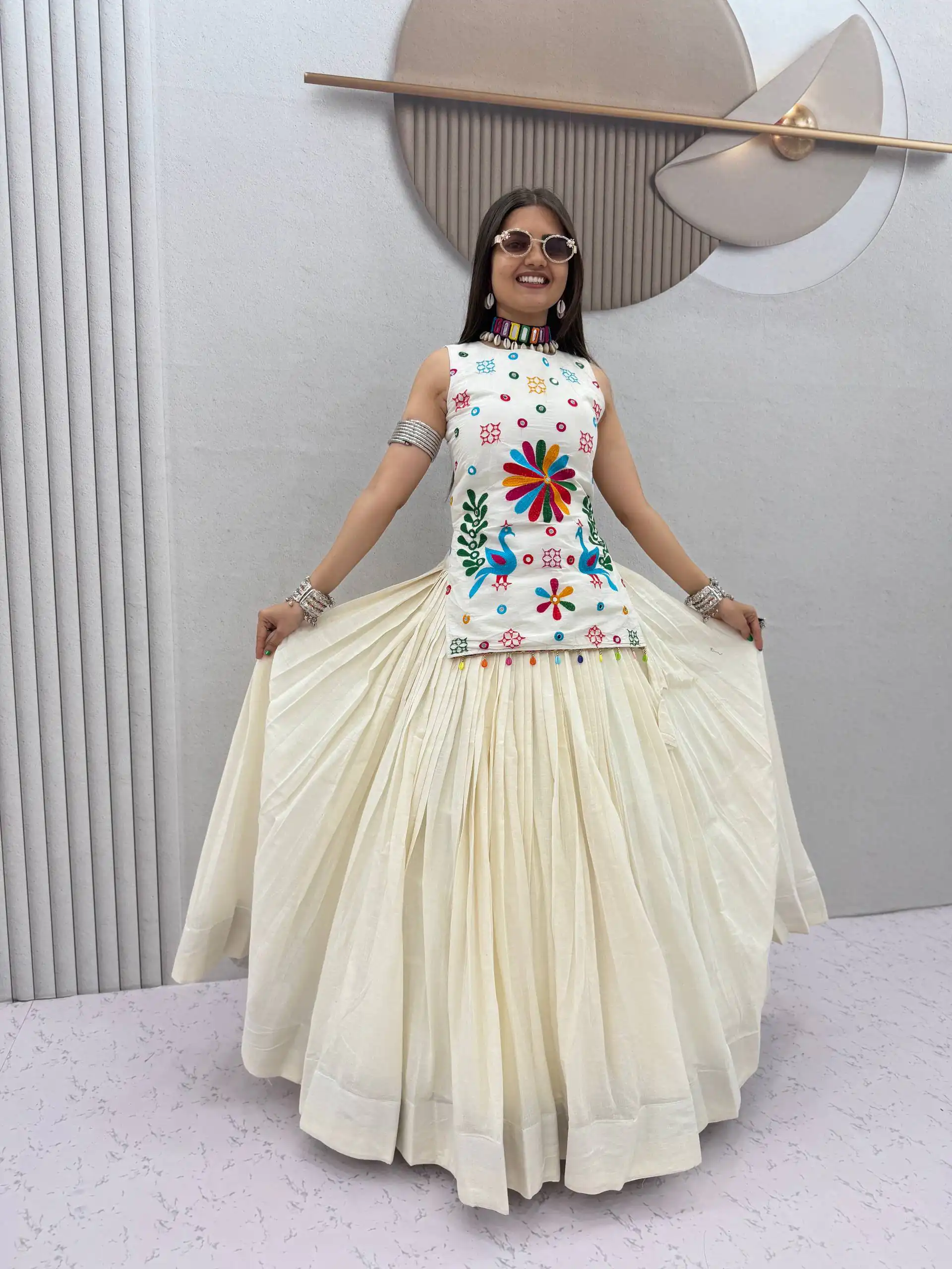 Shiny White Khadi Cotton Thread Mirror Work Lehenga Choli - Image 3