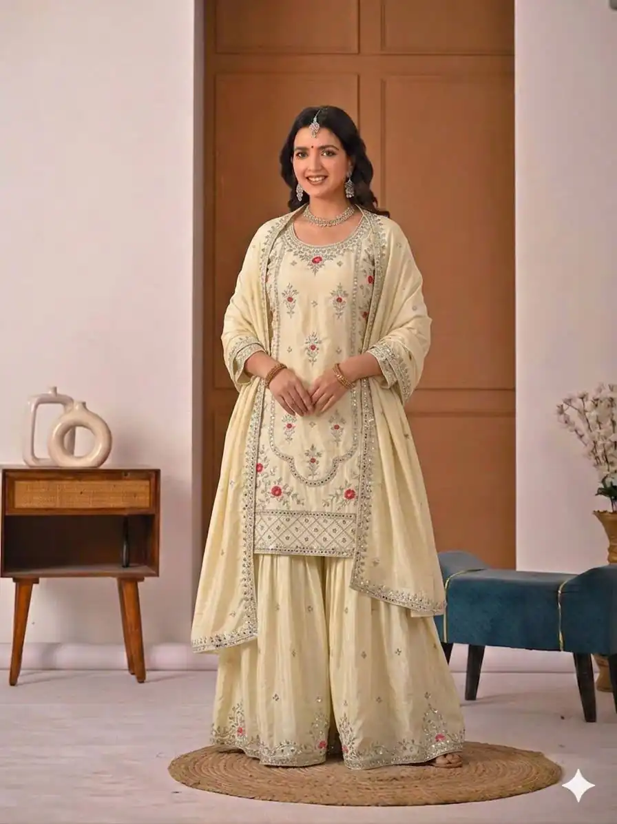Shiny White Natural Crepe Silk Embroidery Work Salwar Suit