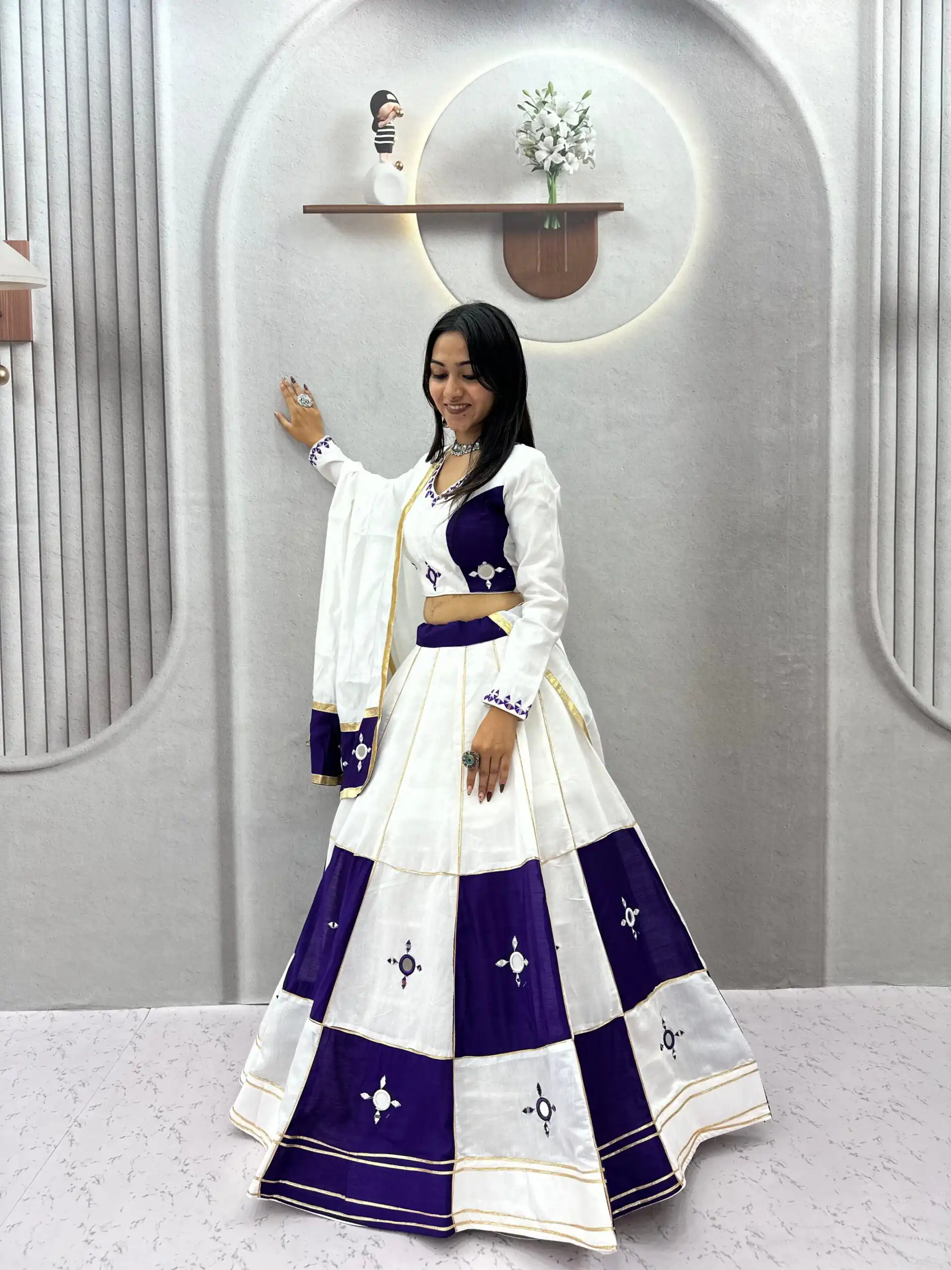 Super Blue Cotton Hand Mirror Work Lehenga Choli - Image 3