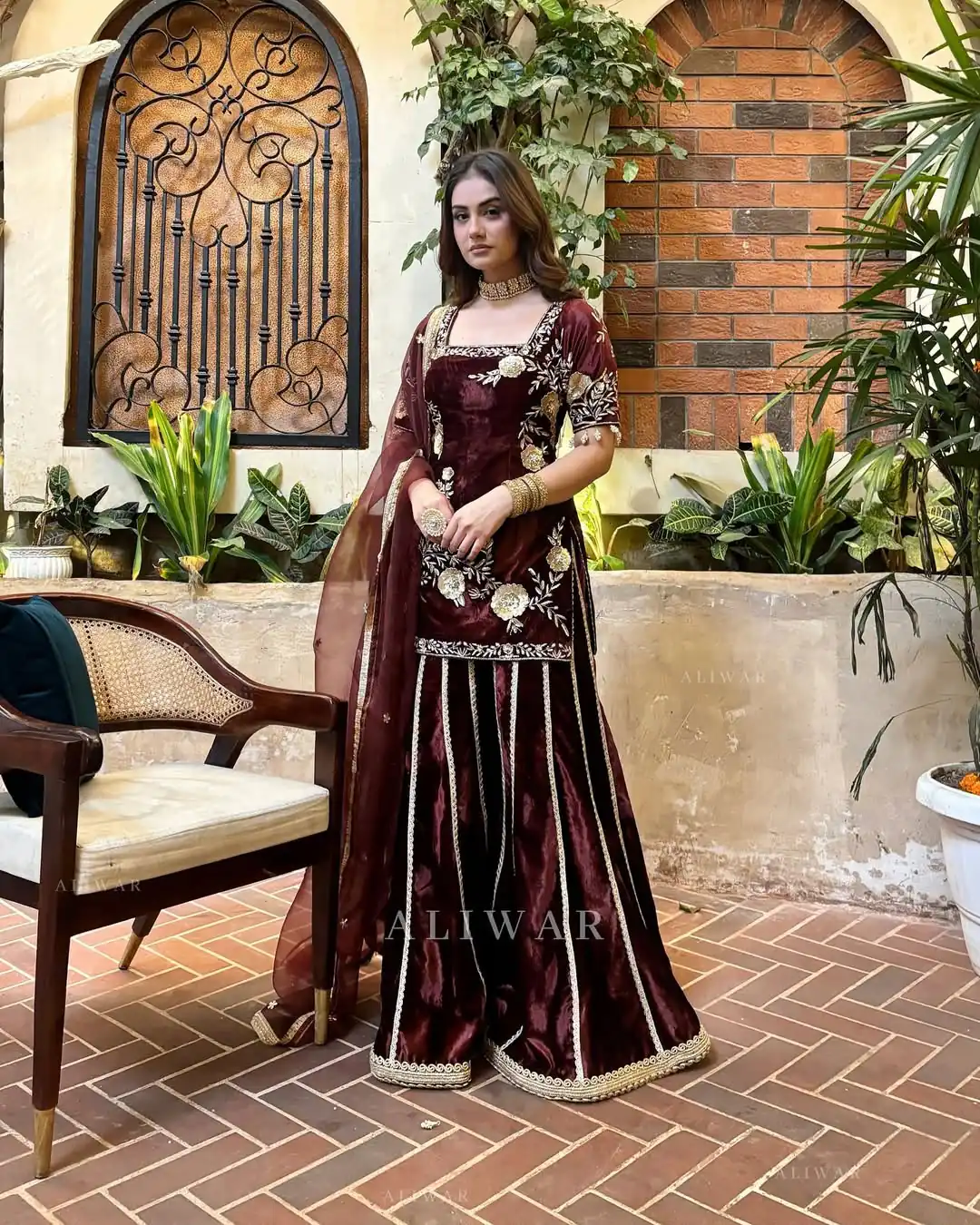 Super Maroon Viscose Velvet Embroider Work Salwar Suit