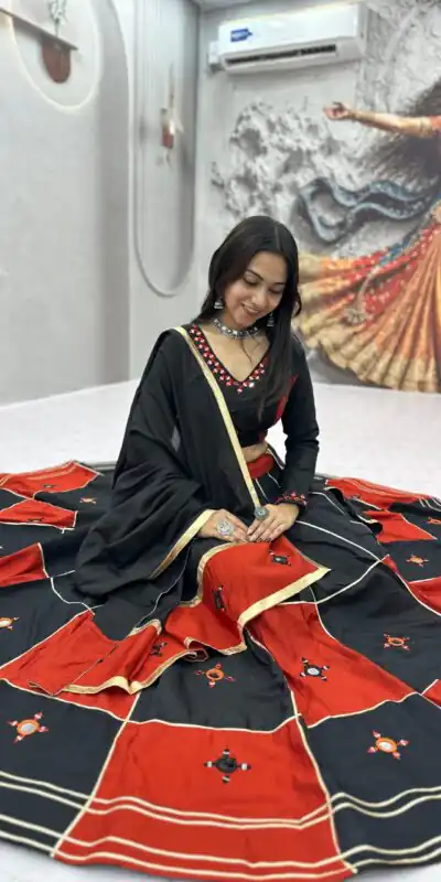 Alternative view of Super Orange Cotton Hand Mirror Work Lehenga Choli