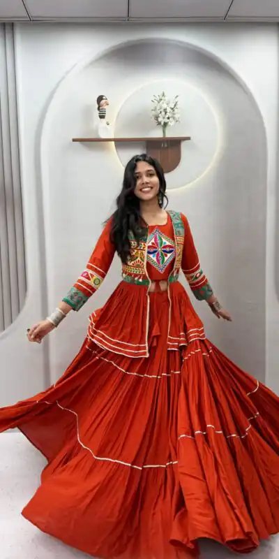 Alternative view of Super Orange Cotton Mirror Gamthi Work Lehenga Choli