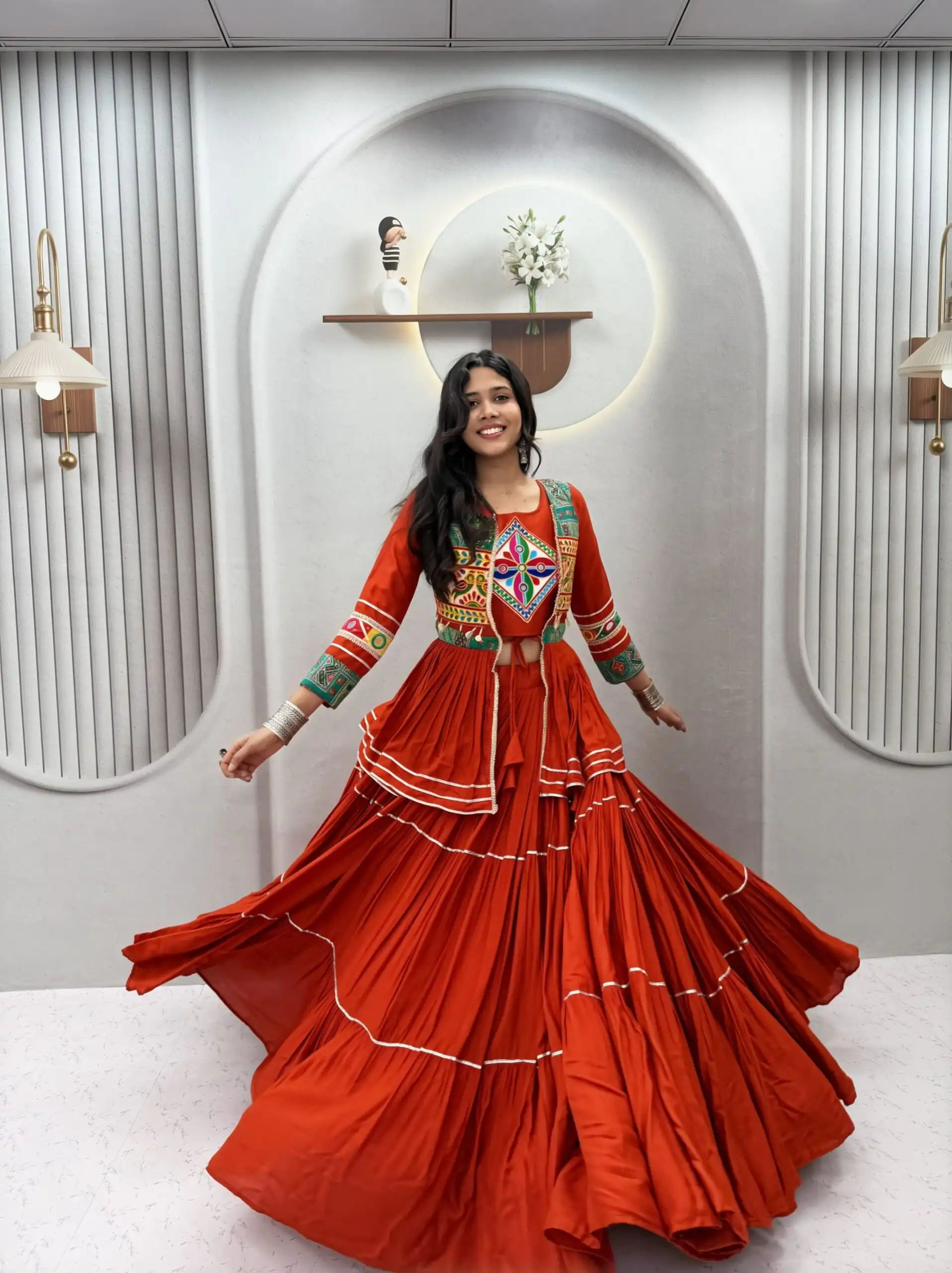 Super Orange Cotton Mirror Gamthi Work Lehenga Choli - Image 2