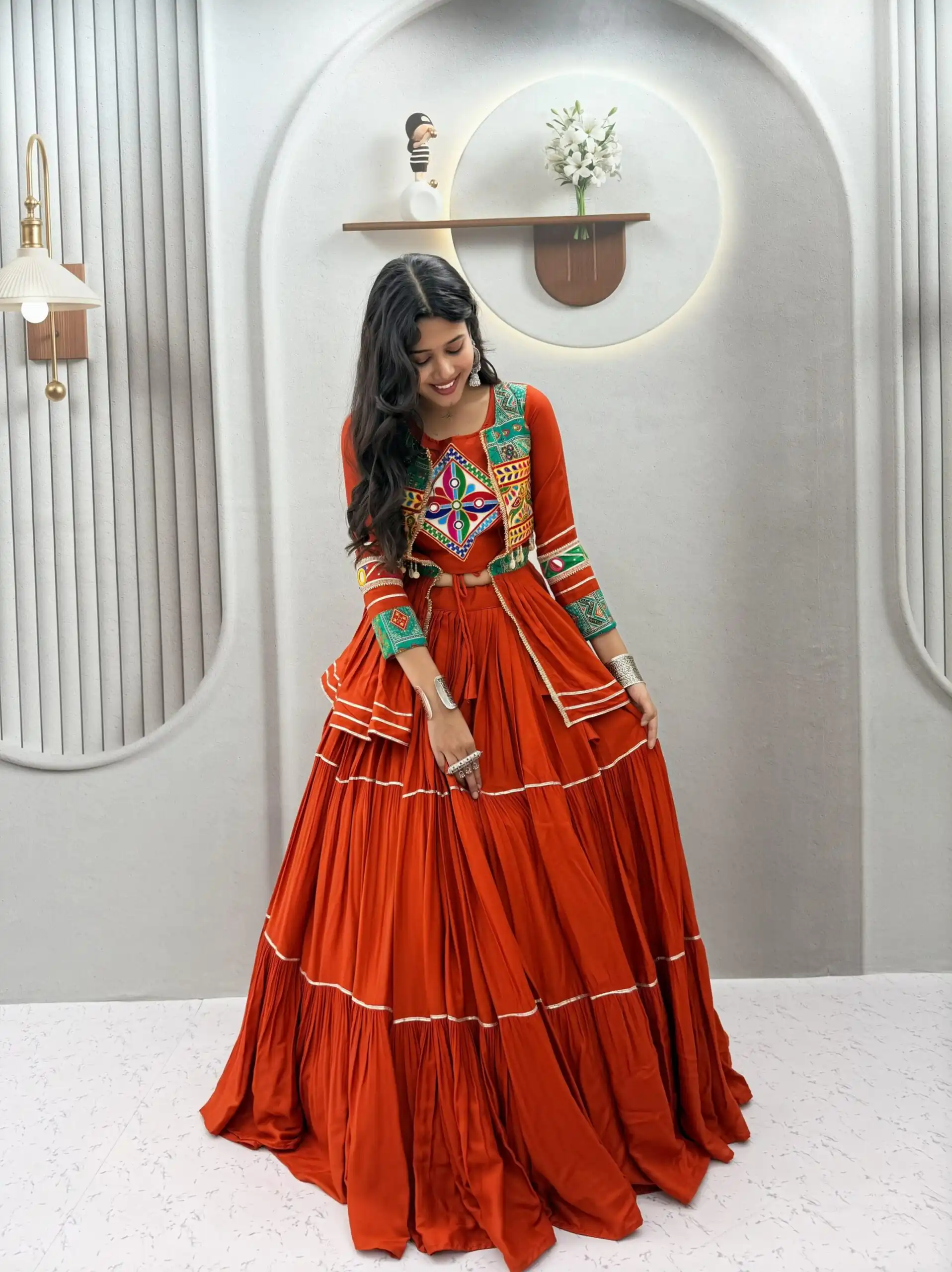 Super Orange Cotton Mirror Gamthi Work Lehenga Choli