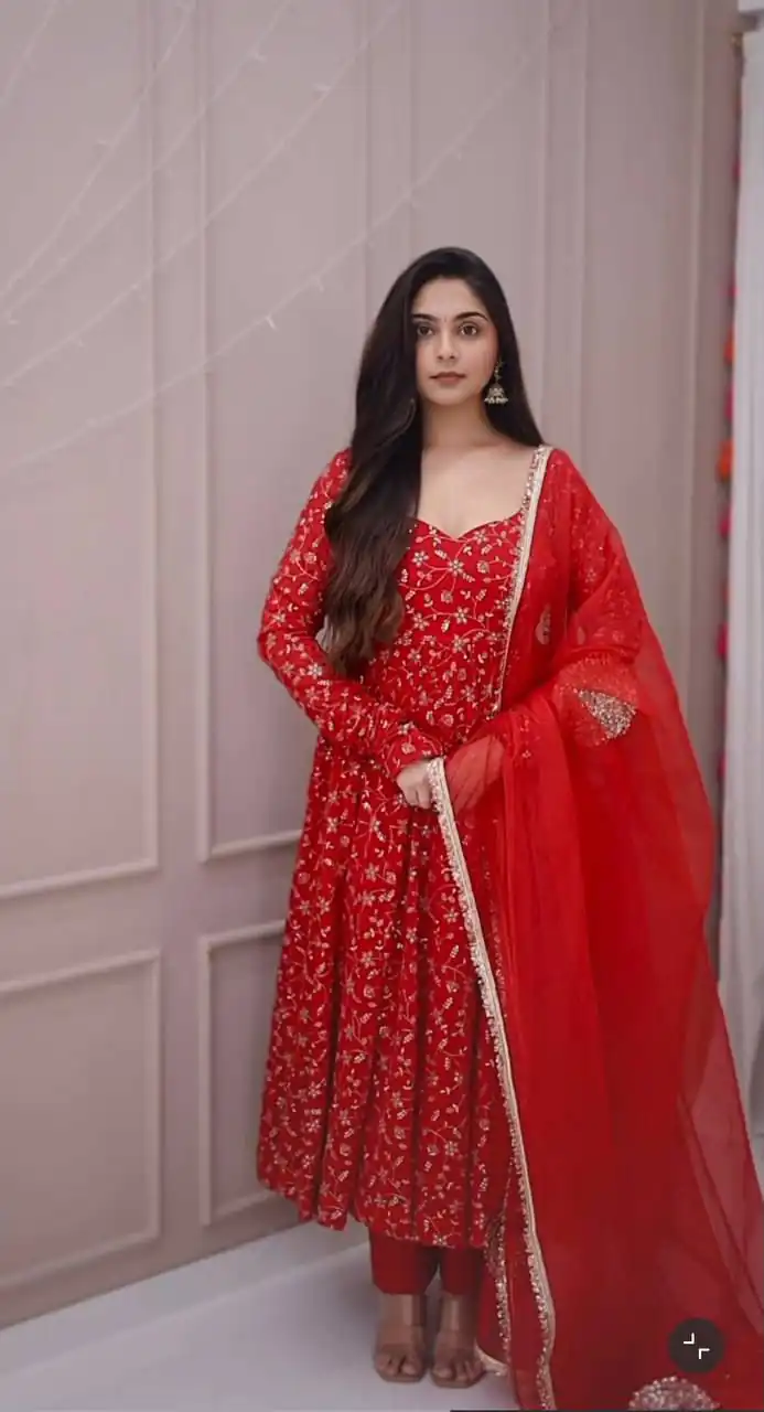 Super Red Blooming ⁠Georgette Sequins Work Salwar Suit