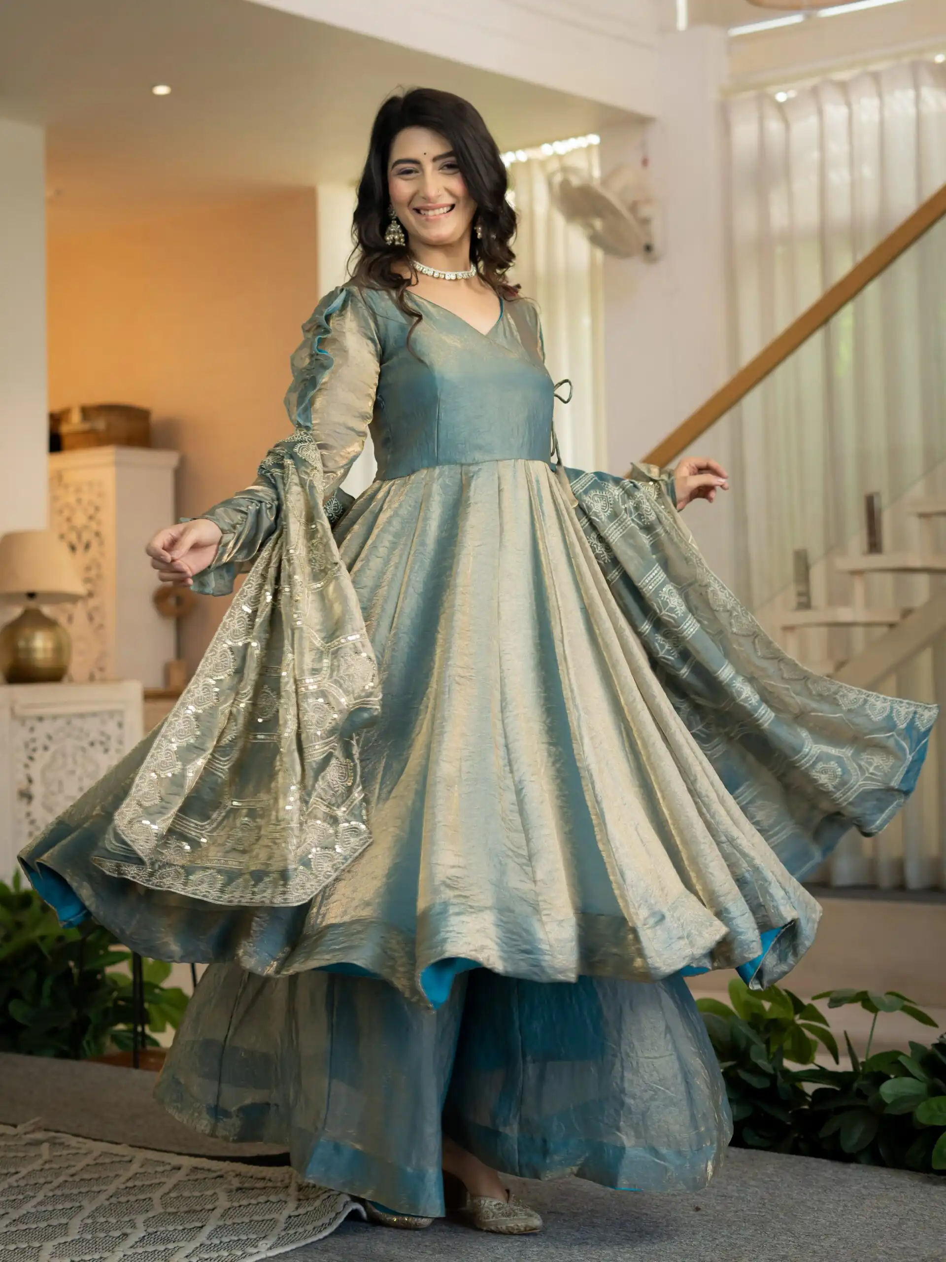 Super Teal Fandy Silk Sequins Work Salwar Suit