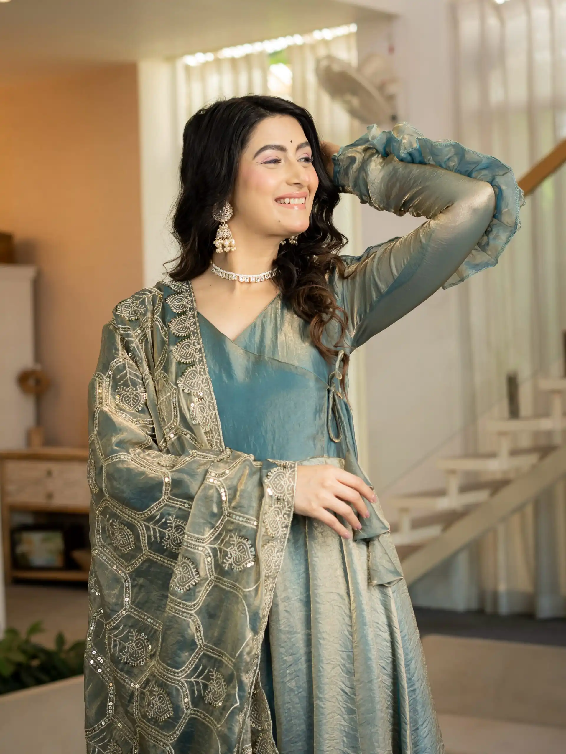 Super Teal Fandy Silk Sequins Work Salwar Suit - Image 7