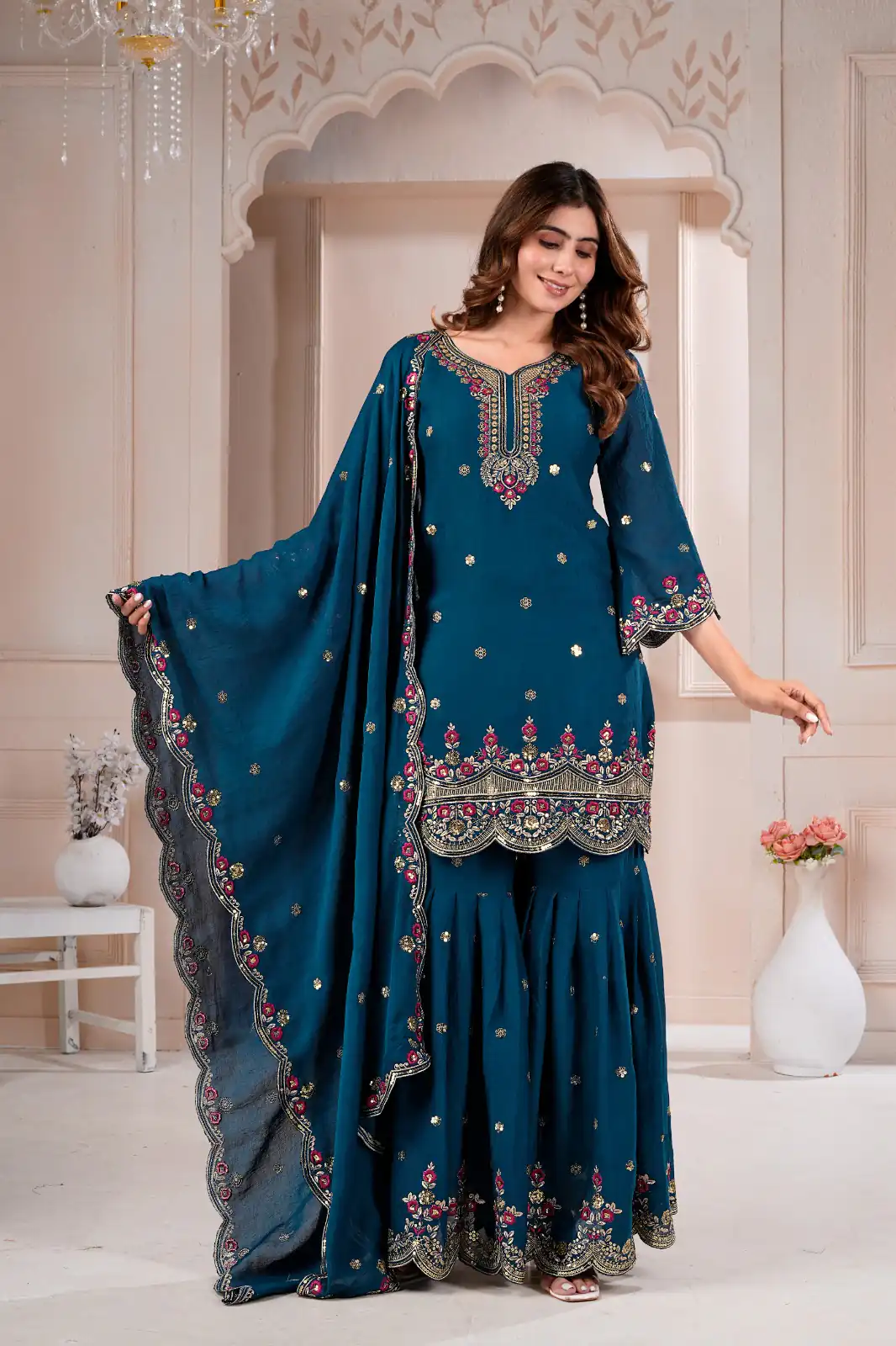 Super Teal Rangoli Crush Embroidery Work Salwar Suit - Image 2