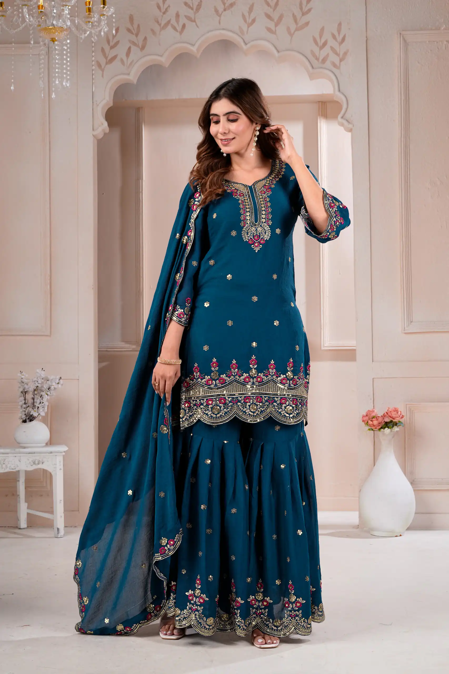Super Teal Rangoli Crush Embroidery Work Salwar Suit