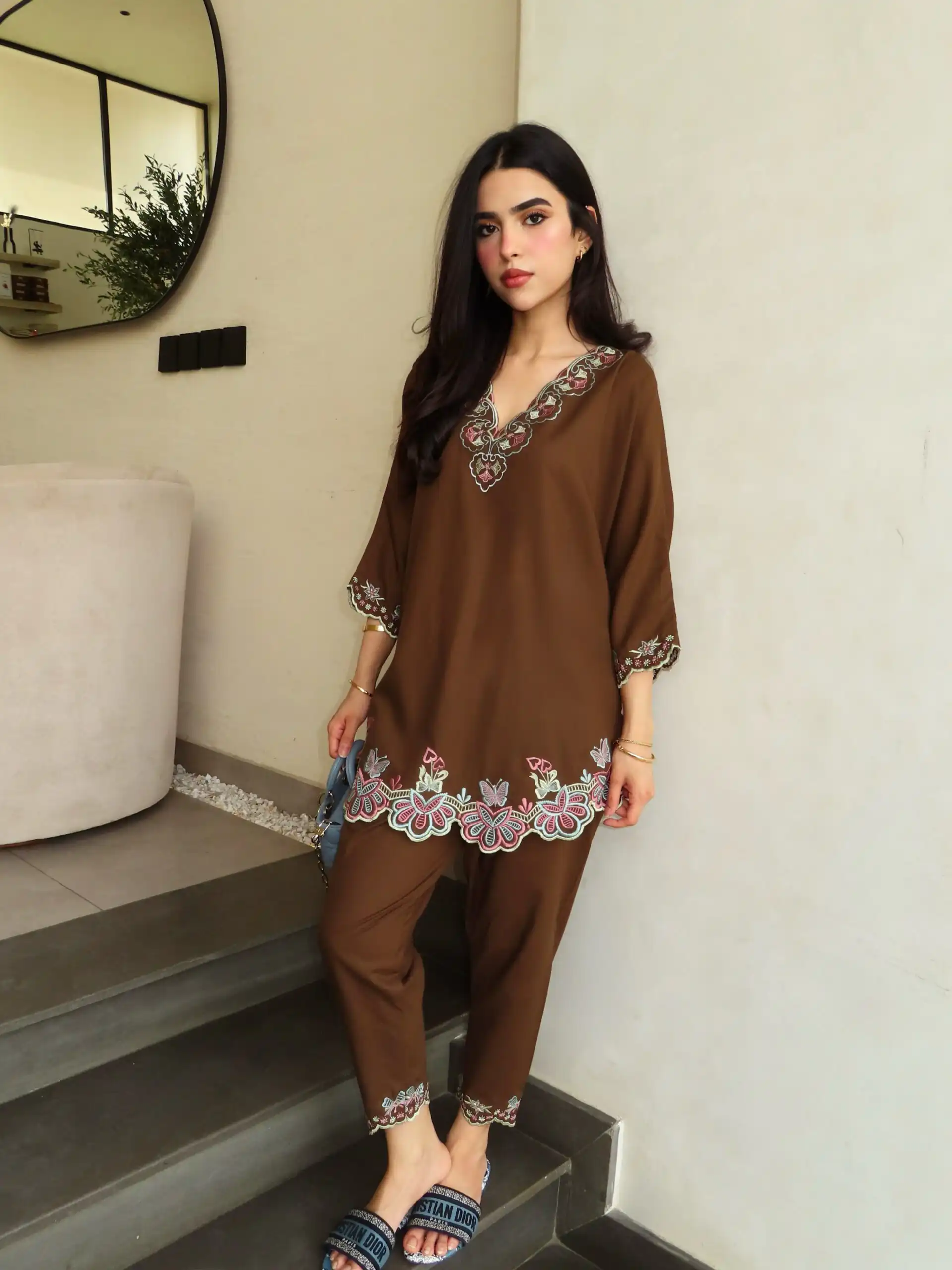 Trendy Brown French Crape Embroidery Work Kurti - Image 2