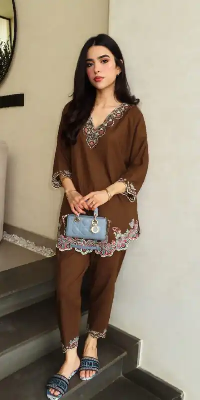 Trendy Brown French Crape Embroidery Work Kurti