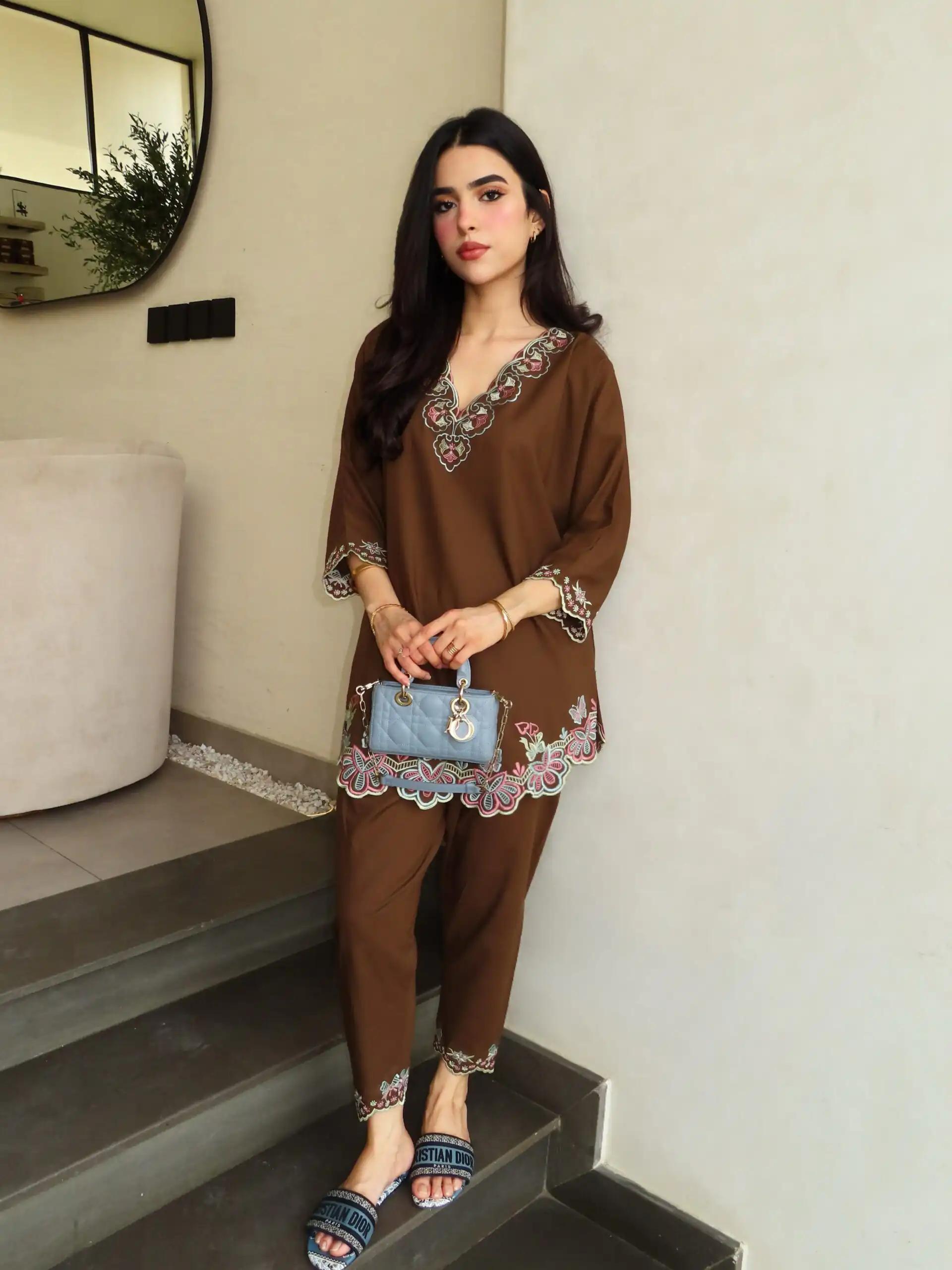 Trendy Brown French Crape Embroidery Work Kurti