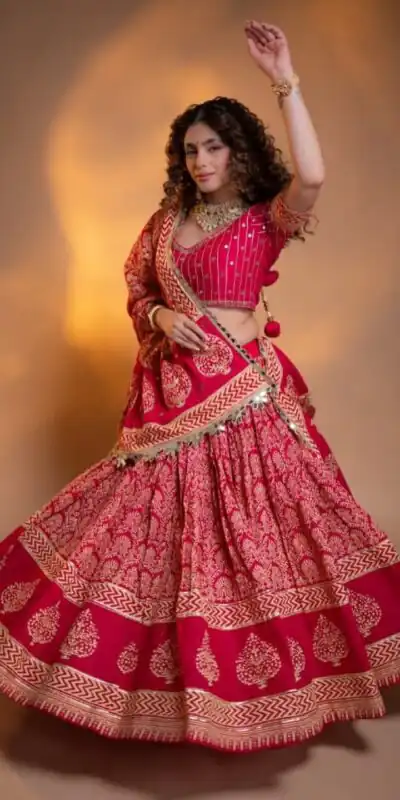 Trendy Pink Printed Rayon Mirror Work Lehenga Choli