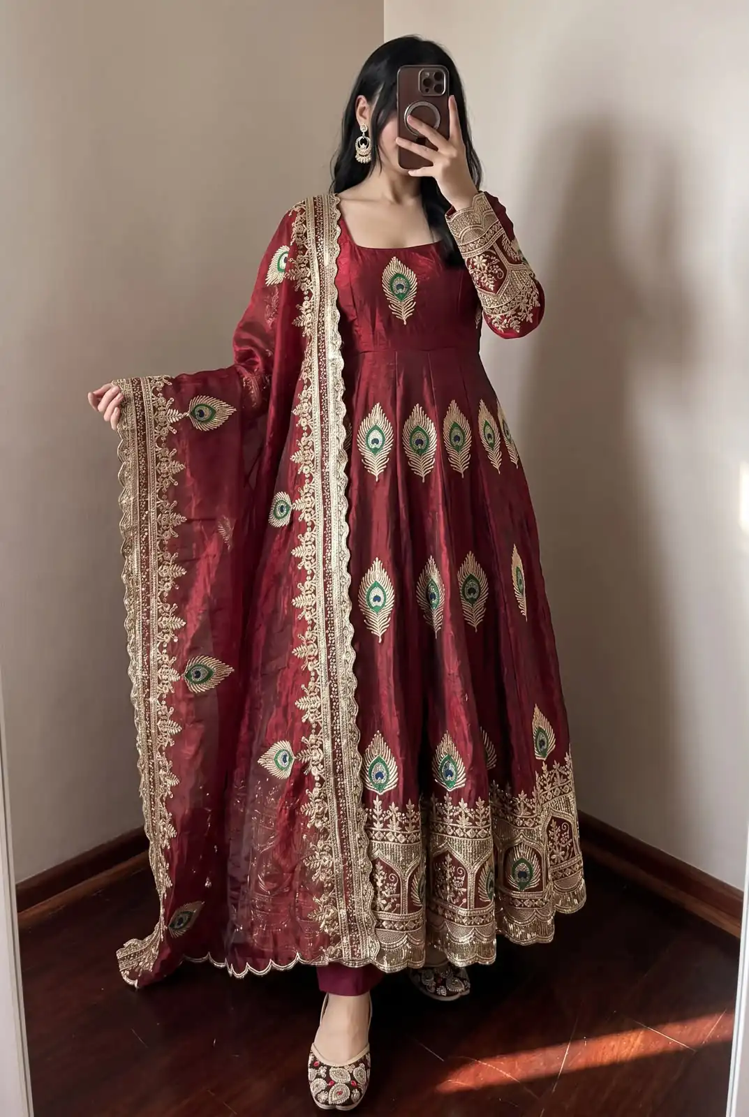 Unique Maroon Fendy Silk Threads Work Gown