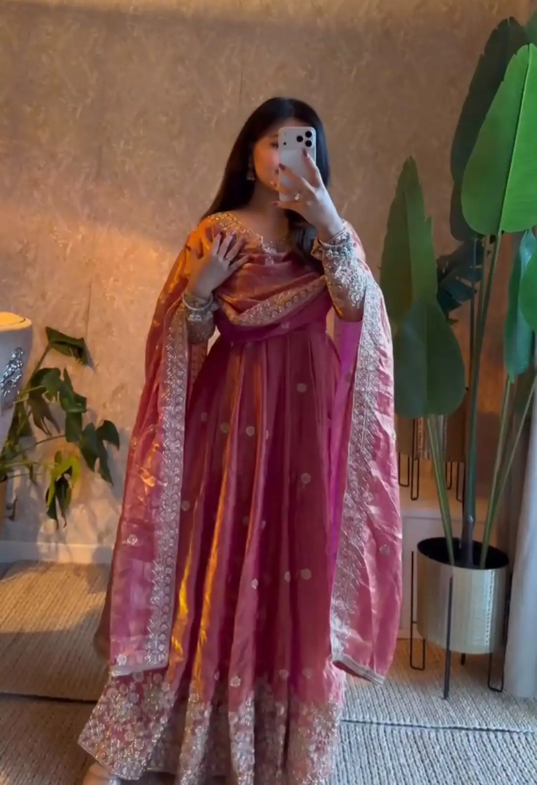 Unique Pink Fendy Silk Embroidery Work Gown
