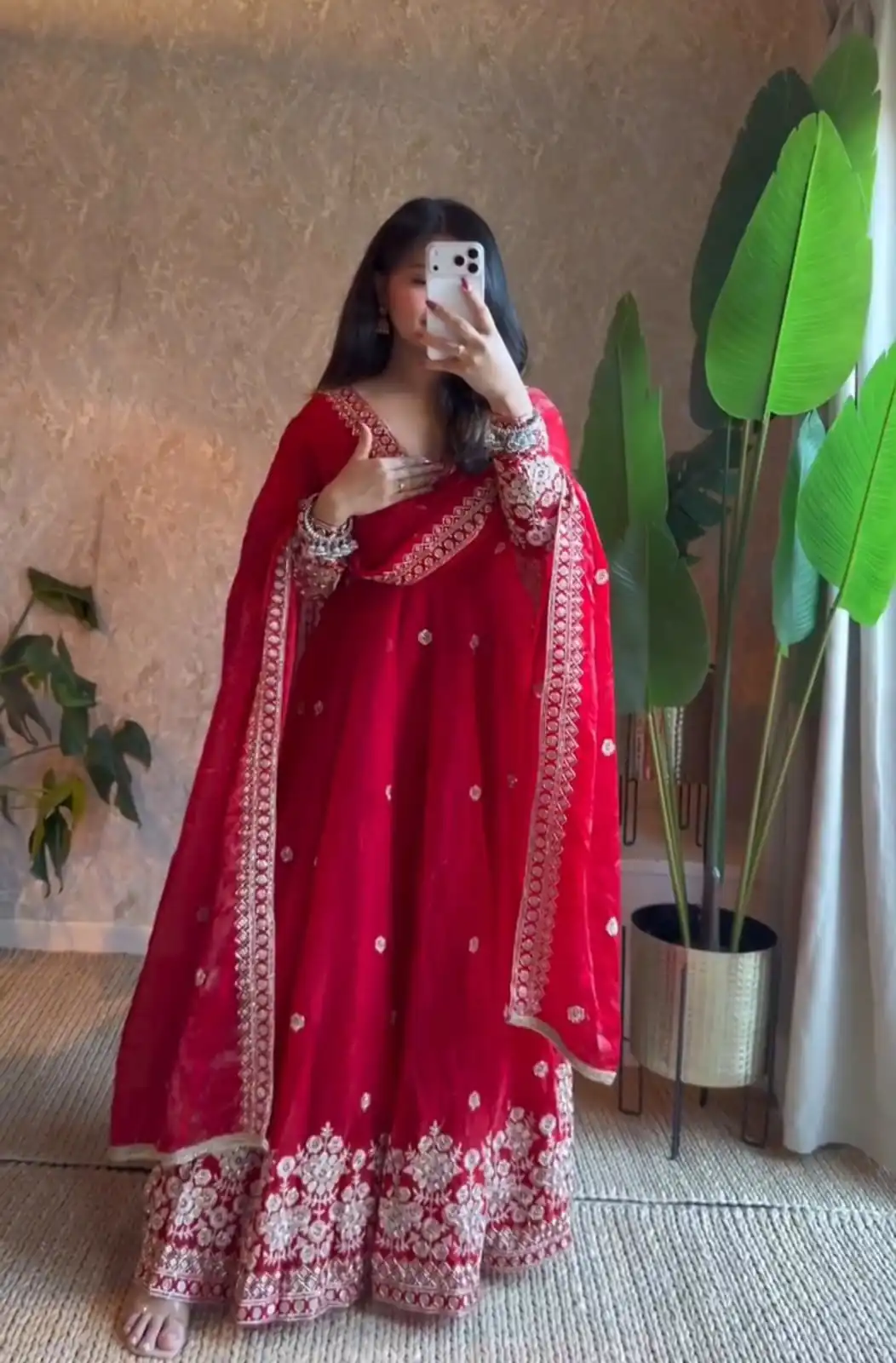 Unique Red Fendy Silk Embroidery Work Gown - Image 3