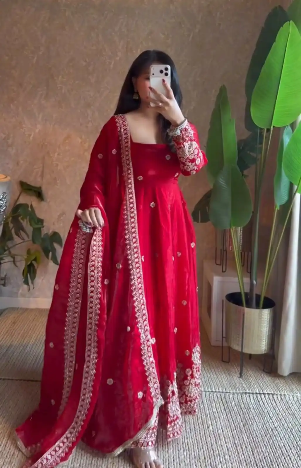 Unique Red Fendy Silk Embroidery Work Gown