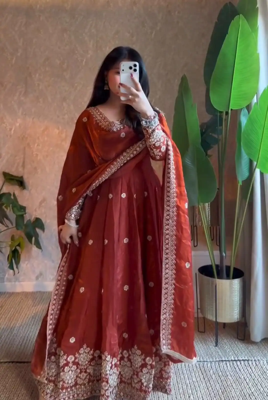 Unique Rust Fendy Silk Embroidery Work Gown - Image 2