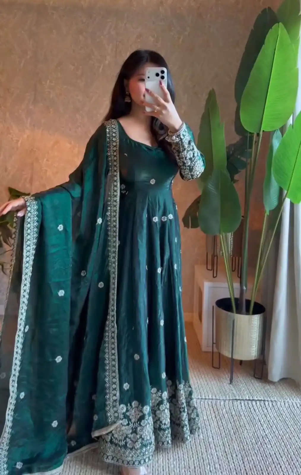 Unique Teal Fendy Silk Embroidery Work Gown - Image 3