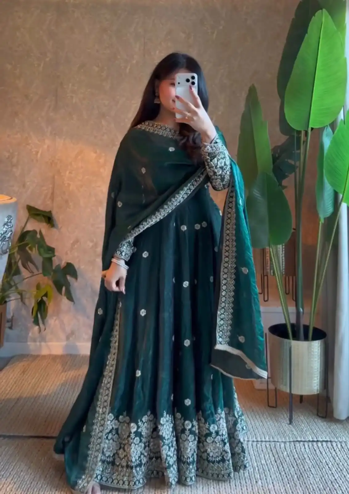 Unique Teal Fendy Silk Embroidery Work Gown - Image 2