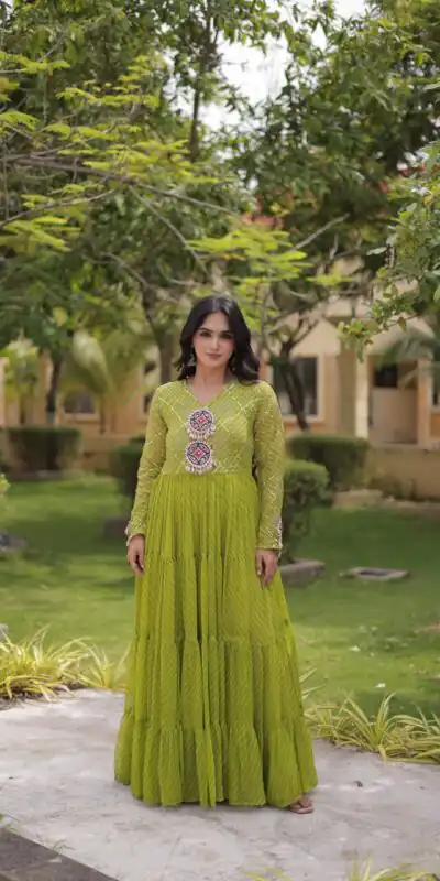 KA 1275 Green in Colour Faux Georgette Bandhani Print Work Gown. Available at ₹1669 only. Delivery 4-6 Working Days. Shop now. | Bollywood Gowns, Creative Gowns, Designer Gowns, Embroidered Gowns, Gowns, Party Wear Gowns