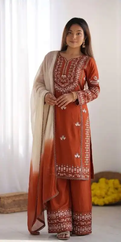 NSR 888 Rust Rayon Salwar Suit with Embroidery Work & Thread Embroidery. Best Price ₹2199. Delivery 4-6 Working Days. Shop now. | Jump Suits, Straight Suits, Casual Suits, Creative suits, Designer Suits, Palazzo Suits, Party Wear Suits, Patiala Suits, Salwar suit