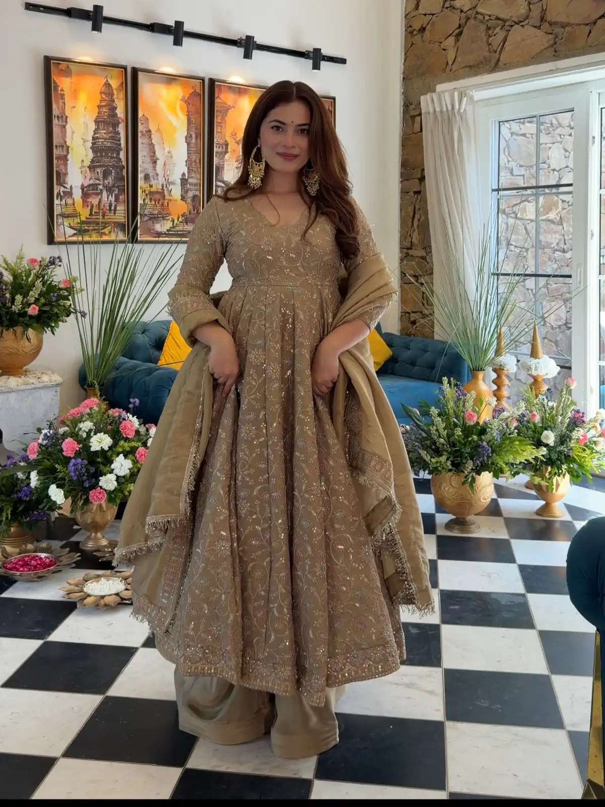 SR 1726 Chiku Fendy Silk Gown with Embroidery Work & Sequins Work. Special Price ₹2899. Delivery 4-6 Working Days. Shop now. | Bollywood Gowns, Creative Gowns, Designer Gowns, Embroidered Gowns, Gowns, Party Wear Gowns