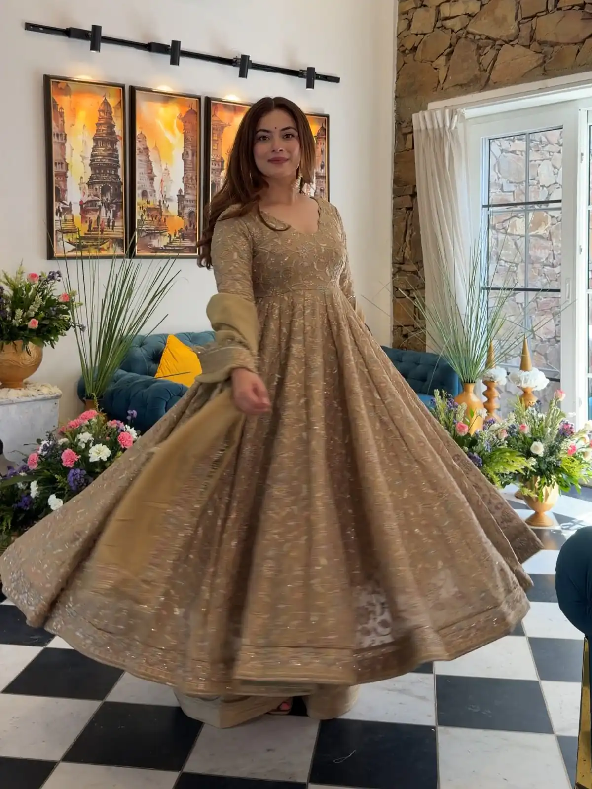 SR 1726 Chiku Fendy Silk Gown with Embroidery Work & Sequins Work. Special Price ₹2899. Delivery 4-6 Working Days. Shop now. | Bollywood Gowns, Creative Gowns, Designer Gowns, Embroidered Gowns, Gowns, Party Wear Gowns