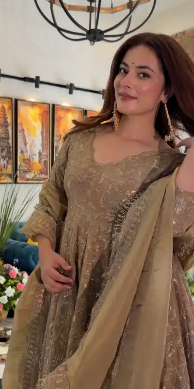SR 1726 Chiku Fendy Silk Gown with Embroidery Work & Sequins Work. Special Price ₹2899. Delivery 4-6 Working Days. Shop now. | Bollywood Gowns, Creative Gowns, Designer Gowns, Embroidered Gowns, Gowns, Party Wear Gowns