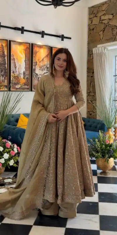 SR 1726 Chiku Fendy Silk Gown with Embroidery Work & Sequins Work. Special Price ₹2899. Delivery 4-6 Working Days. Shop now. | Bollywood Gowns, Creative Gowns, Designer Gowns, Embroidered Gowns, Gowns, Party Wear Gowns