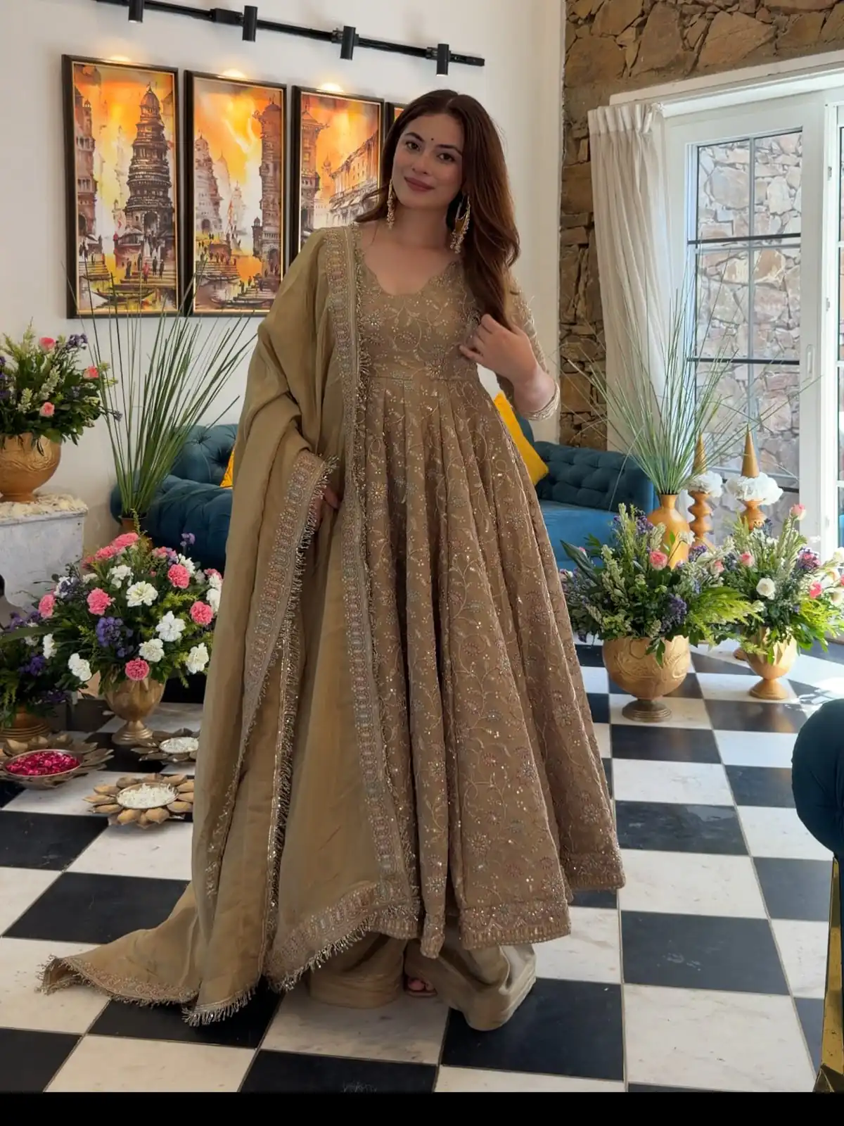 SR 1726 Chiku Fendy Silk Gown with Embroidery Work & Sequins Work. Special Price ₹2899. Delivery 4-6 Working Days. Shop now. | Bollywood Gowns, Creative Gowns, Designer Gowns, Embroidered Gowns, Gowns, Party Wear Gowns