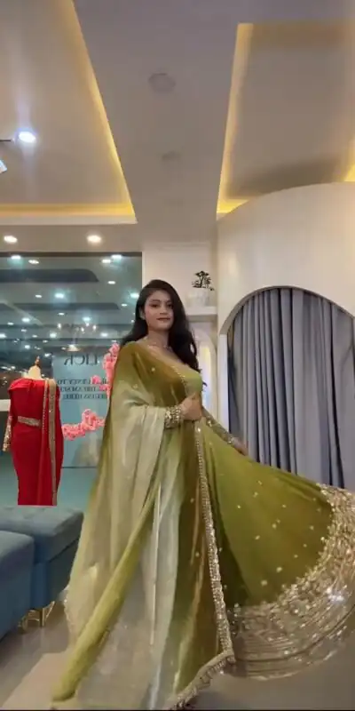 SR 1725 Mehendi Faux Georgette Gown with Mirror Work & Embroidery Work. Get it for ₹2449. Delivery 4-6 Working Days. Online Shop now. | Bollywood Gowns, Creative Gowns, Designer Gowns, Embroidered Gowns, Gowns, Party Wear Gowns