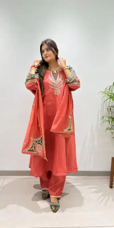 BE 509 Peach Mul Chanderi Salwar Suit with Embroidery Work & Sequins Work. Festive Deal ₹2399. Delivery 4-6 Working Days. Shop nowp | Jump Suits, Straight Suits, Casual Suits, Creative suits, Designer Suits, Palazzo Suits, Party Wear Suits, Patiala Suits, Salwar suit
