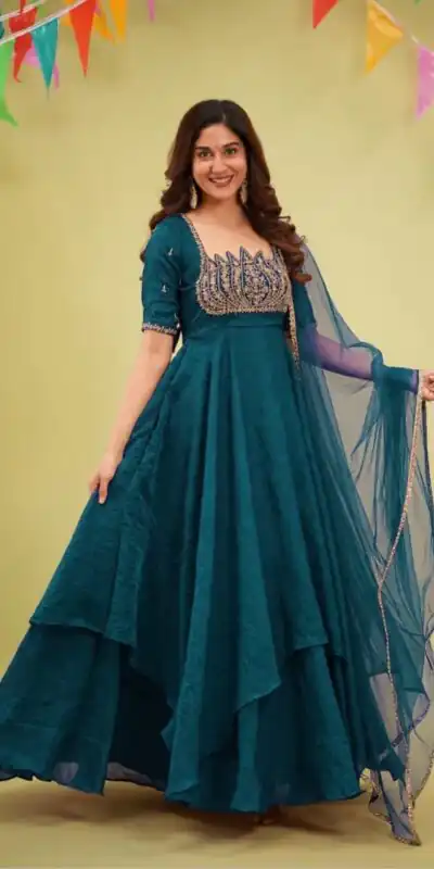 ST 1214 Teal Fendy Crush Gown with Embroidery Work & Sequins Work. Special Price ₹2449. Delivery 4-6 Working Days. Shop now. | Bollywood Gowns, Creative Gowns, Designer Gowns, Embroidered Gowns, Gowns, Party Wear Gowns
