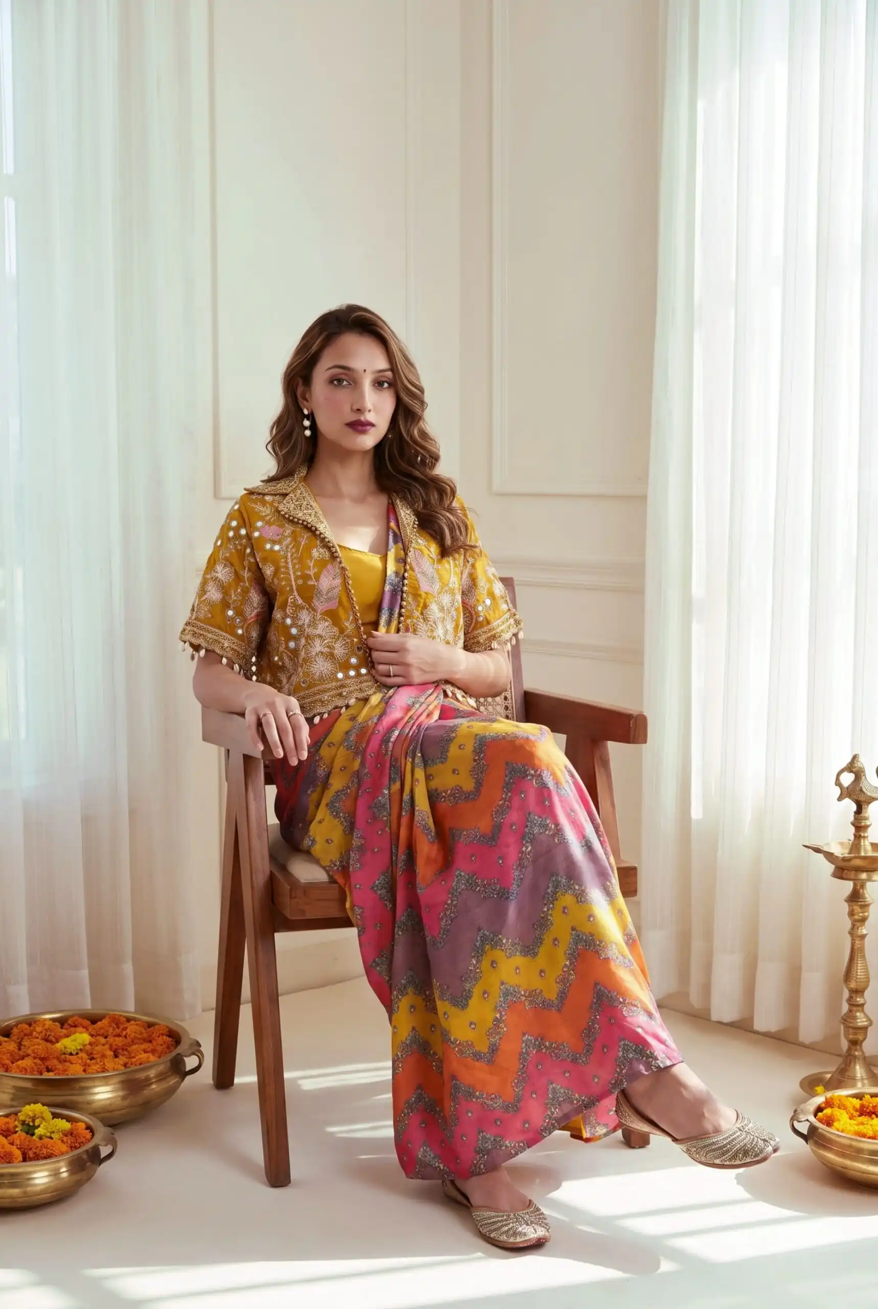 Fancy Yellow Chinon Silk Mirror Embroidery Work Saree - Image 2