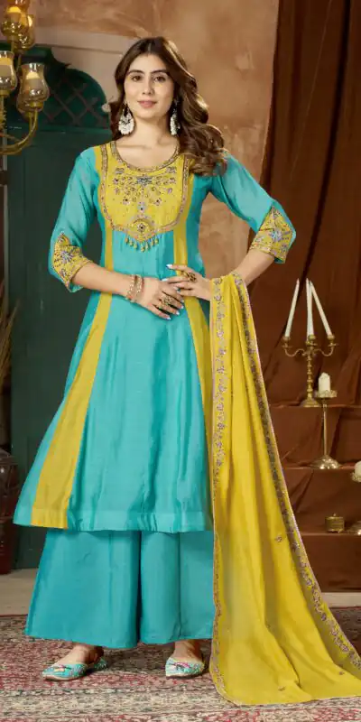 DIVA 183 Blue Brown Mal Chanderi Salwar Suit Perfect for Wedding, Party, Baisakhi, Housewarming, Sangeet – Introductory Price ₹2799. Delivery 4-6 Working D | Jump Suits, Straight Suits, Casual Suits, Creative suits, Designer Suits, Palazzo Suits, Party Wear Suits, Patiala Suits, Salwar suit
