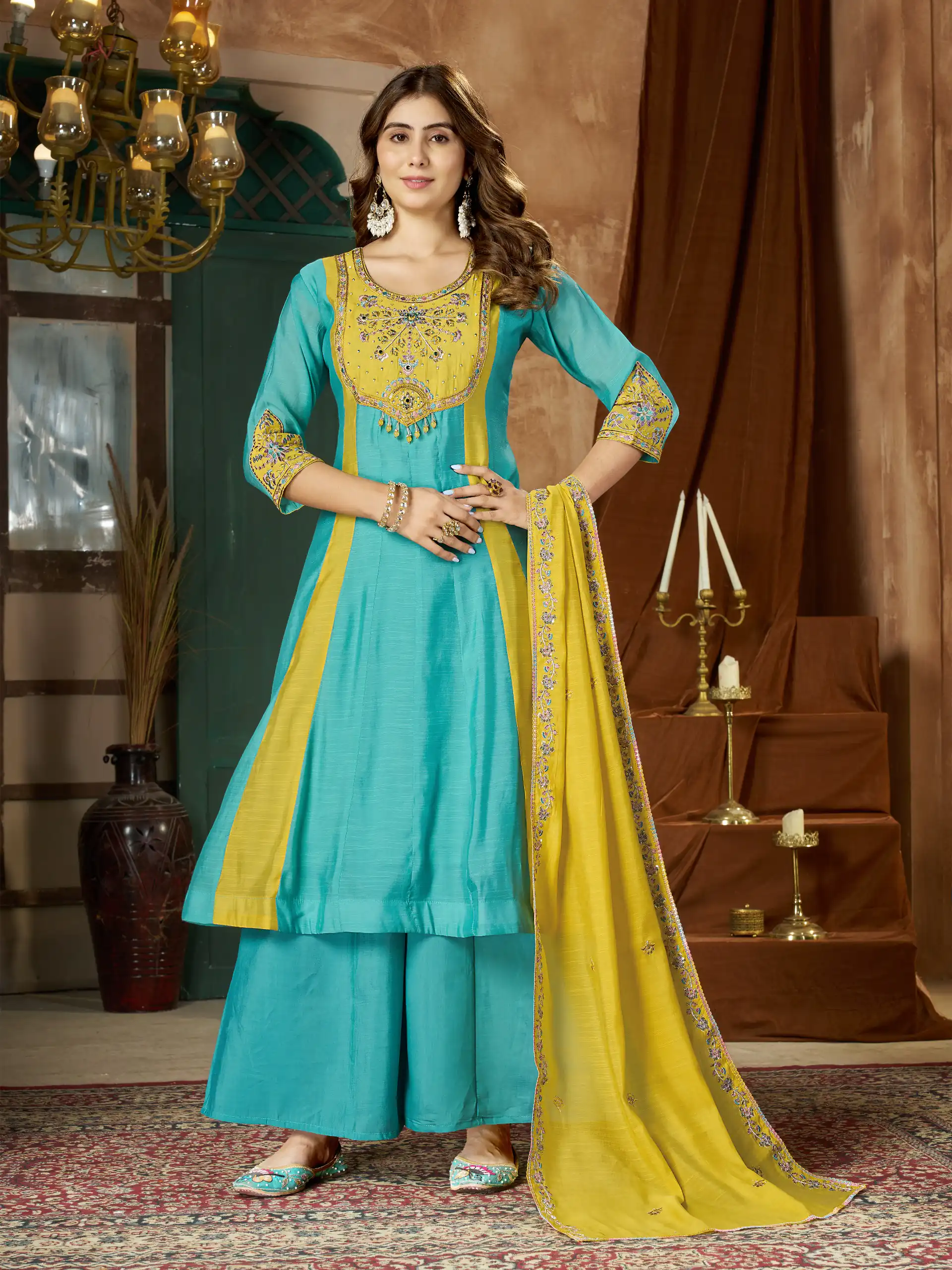 DIVA 183 Blue Brown Mal Chanderi Salwar Suit Perfect for Wedding, Party, Baisakhi, Housewarming, Sangeet – Introductory Price ₹2799. Delivery 4-6 Working D | Jump Suits, Straight Suits, Casual Suits, Creative suits, Designer Suits, Palazzo Suits, Party Wear Suits, Patiala Suits, Salwar suit