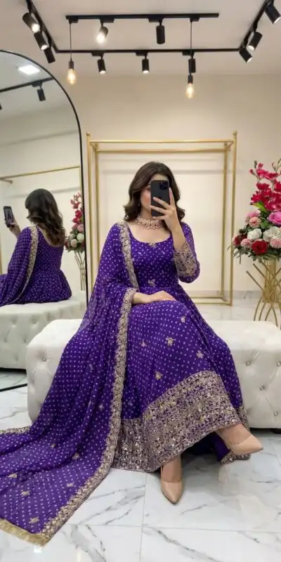 WW 1283 Purple in Colour Faux Georgette Bandhani Print Work Gown. Available at ₹2399 only. Delivery 4-6 Working Days. Shop now. | Bollywood Gowns, Creative Gowns, Designer Gowns, Embroidered Gowns, Gowns, Party Wear Gowns