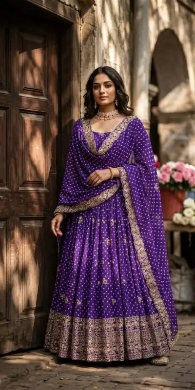 WW 1283 Purple in Colour Faux Georgette Bandhani Print Work Gown. Available at ₹2399 only. Delivery 4-6 Working Days. Shop now. | Bollywood Gowns, Creative Gowns, Designer Gowns, Embroidered Gowns, Gowns, Party Wear Gowns