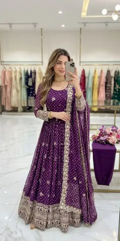 WW 1283 Wine in Colour Faux Georgette Bandhani Print Work Gown. Available at ₹2399 only. Delivery 4-6 Working Days. Shop now. | Bollywood Gowns, Creative Gowns, Designer Gowns, Embroidered Gowns, Gowns, Party Wear Gowns