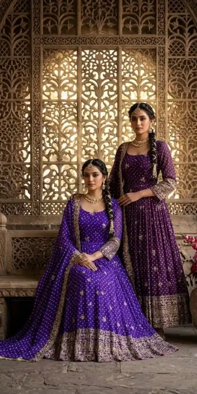 WW 1283 Wine in Colour Faux Georgette Bandhani Print Work Gown. Available at ₹2399 only. Delivery 4-6 Working Days. Shop now. | Bollywood Gowns, Creative Gowns, Designer Gowns, Embroidered Gowns, Gowns, Party Wear Gowns
