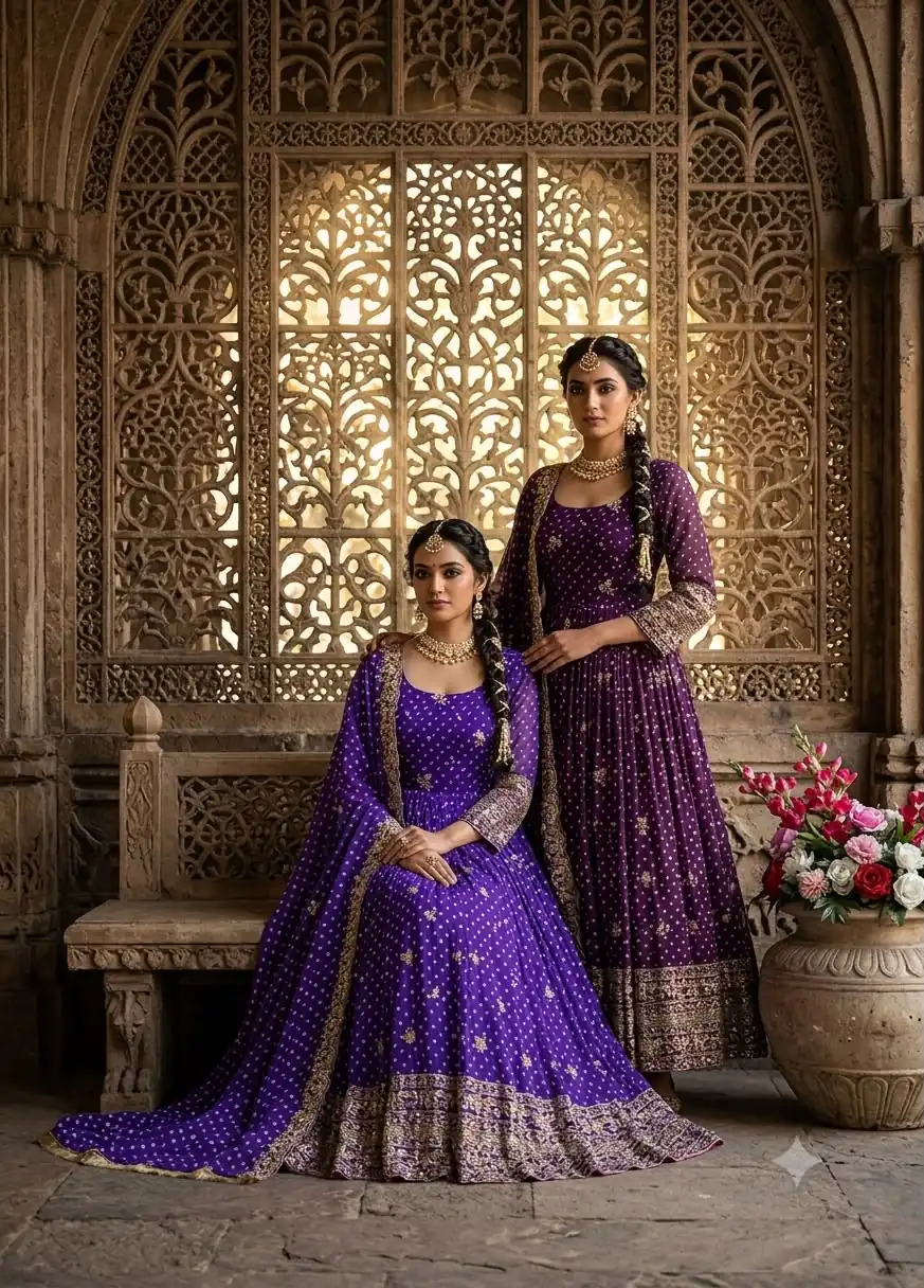 WW 1283 Wine in Colour Faux Georgette Bandhani Print Work Gown. Available at ₹2399 only. Delivery 4-6 Working Days. Shop now. | Bollywood Gowns, Creative Gowns, Designer Gowns, Embroidered Gowns, Gowns, Party Wear Gowns