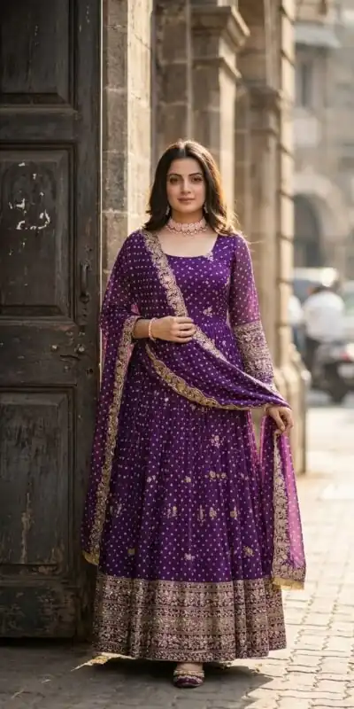 WW 1283 Wine in Colour Faux Georgette Bandhani Print Work Gown. Available at ₹2399 only. Delivery 4-6 Working Days. Shop now. | Bollywood Gowns, Creative Gowns, Designer Gowns, Embroidered Gowns, Gowns, Party Wear Gowns