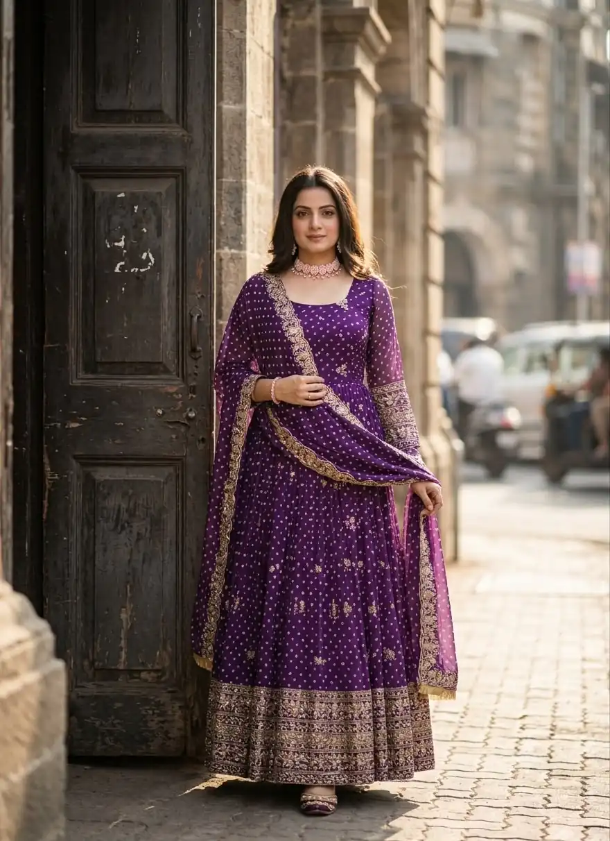 WW 1283 Wine in Colour Faux Georgette Bandhani Print Work Gown. Available at ₹2399 only. Delivery 4-6 Working Days. Shop now. | Bollywood Gowns, Creative Gowns, Designer Gowns, Embroidered Gowns, Gowns, Party Wear Gowns