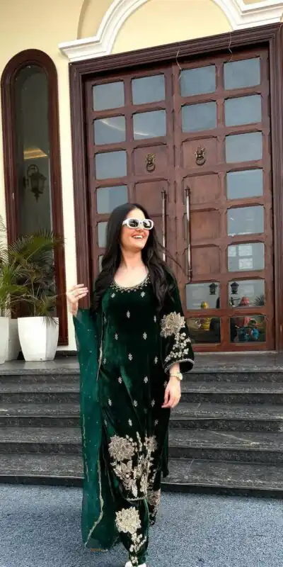 ND 5028 Green Viscose Velvet Salwar Suit with Embroidery Work & Lace Work. Grab it for ₹2349. Delivery 4-6 Working Days. Shop now. | Jump Suits, Straight Suits, Casual Suits, Creative suits, Designer Suits, Palazzo Suits, Party Wear Suits, Patiala Suits, Salwar suit
