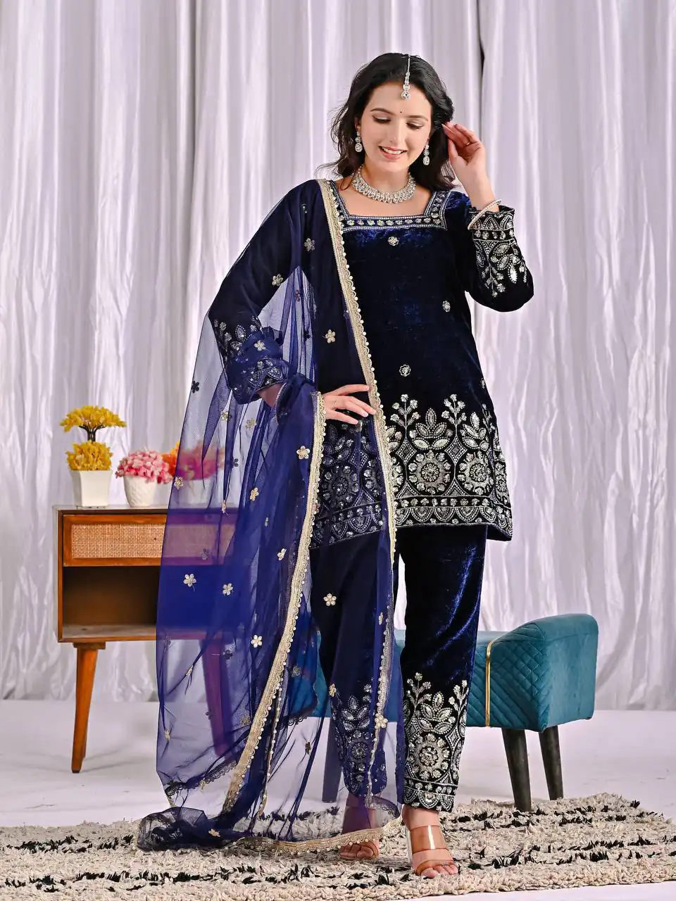MD 3072 Navy Blue Viscose Velvet Salwar Suit with Embroidery Work & Lace Work. Grab it for ₹2399. Delivery 4-6 Working Days. Shop now. | Jump Suits, Straight Suits, Casual Suits, Creative suits, Designer Suits, Palazzo Suits, Party Wear Suits, Patiala Suits, Salwar suit