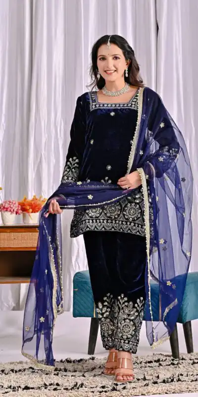 MD 3072 Navy Blue Viscose Velvet Salwar Suit with Embroidery Work & Lace Work. Grab it for ₹2399. Delivery 4-6 Working Days. Shop now. | Jump Suits, Straight Suits, Casual Suits, Creative suits, Designer Suits, Palazzo Suits, Party Wear Suits, Patiala Suits, Salwar suit